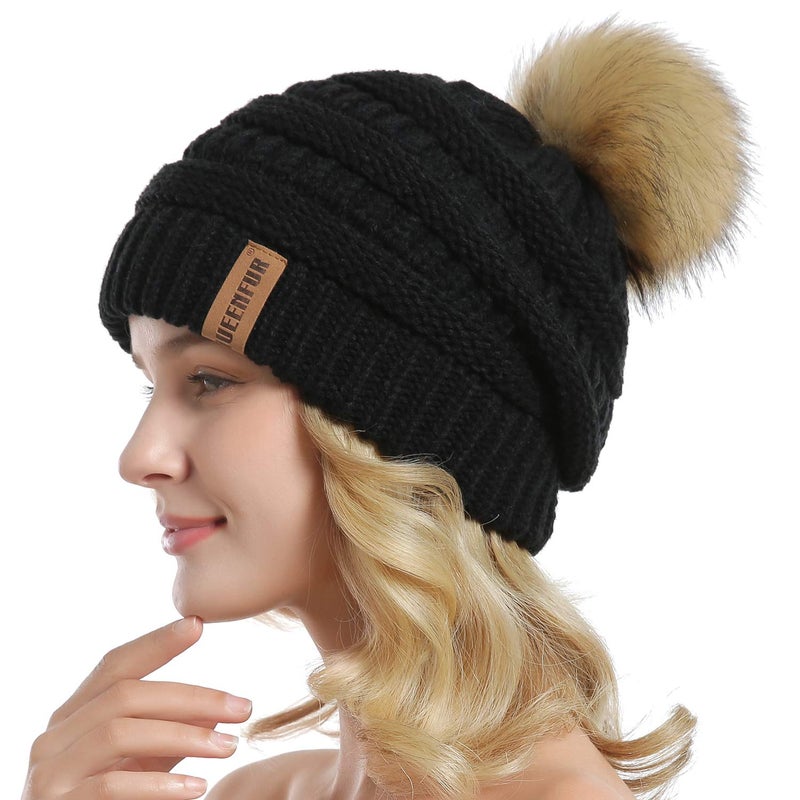 QUEENFUR Women Knit Slouchy Beanie Chunky Baggy Hat with Faux Fur Pompom Winter Soft Warm Ski Cap - Image 3
